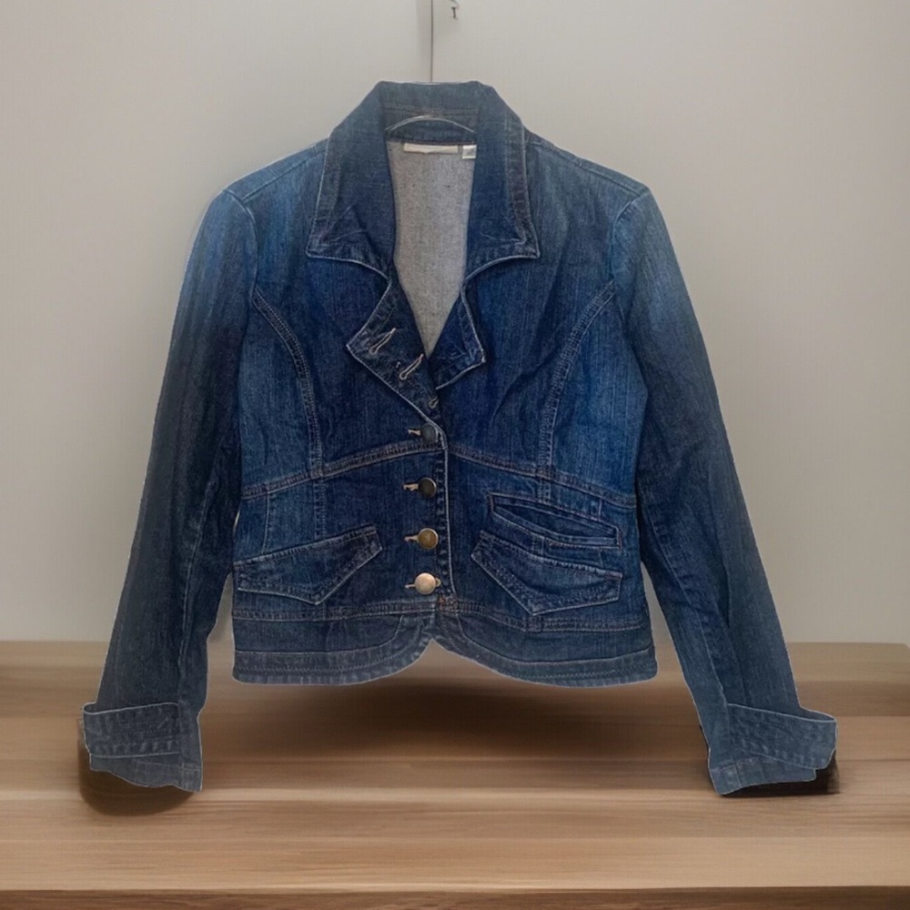 DKNY Petite Military Denim Jean Jacket Small Blue Button Stitching Y2K 90s 80s